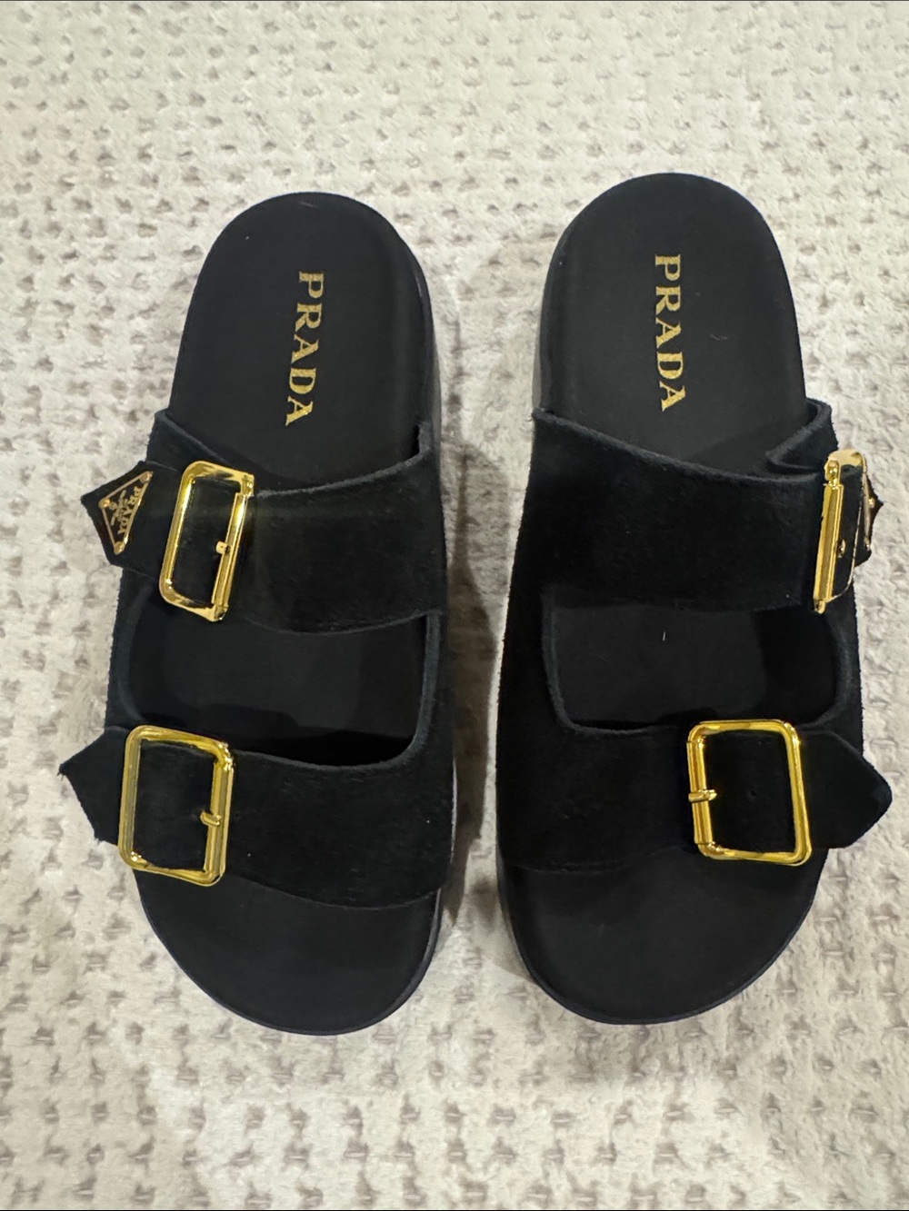 Black Suede Double-Buckle Slide Sandals with Gold Hardware - Picture 2 of 7